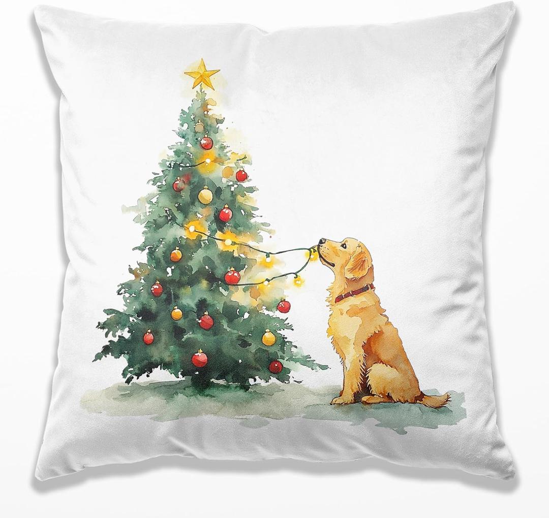 Christmas Tree Golden Retriever Pillow Covers 18x18, Golden Retriever Lovers Gifts, Christmas Tree Cute Dog Throw Pillow Covers for Home Living Room Bedroom Sofa Couch (19 Color)
