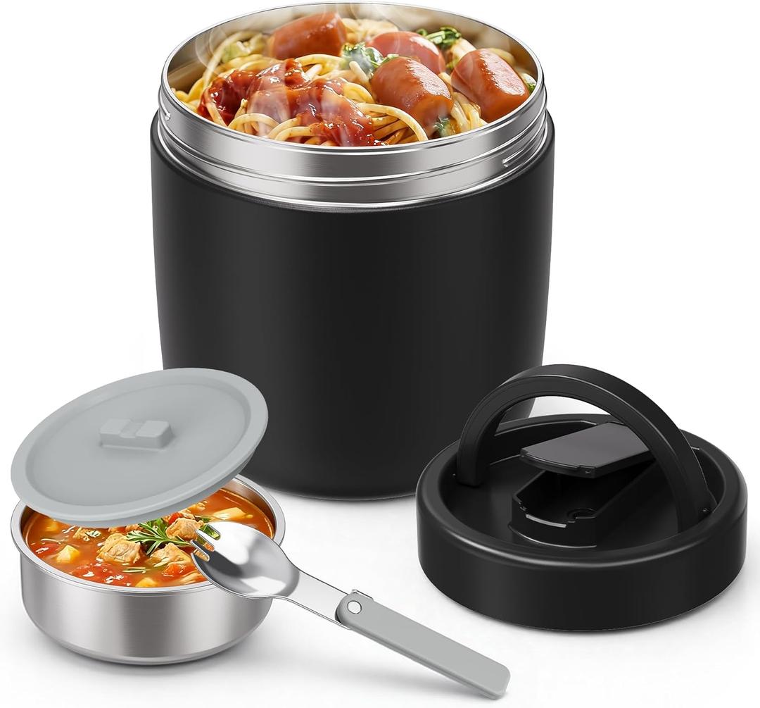 Thermo for Hot Food Adults, 40.5oz Wide Mouth Soup Thermo Lunch Containers with Spoon, Stainless Steel Vacuum Insulated Bento Lunch Box,Lunch Containers with Handle(Black)