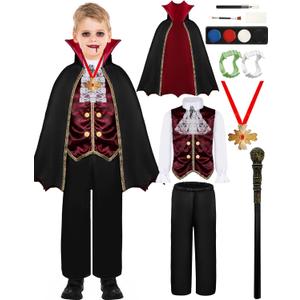 Vampire Costume Boys Gothic Halloween Costume with Cape & teeth Cane Necklace Vampire Accessories (3-4year, Red)