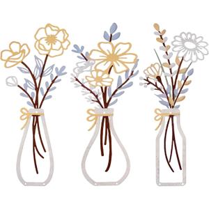Colorleaf 3 Piece Lightweight Metal Wall Decor, Bathroom Wall Art Minimalist Flower Artwork for Kitchen Living Room Bedroom, Housewarming Gifts (13.7" x 6") (Beige Gold)