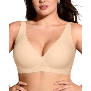 OEAK Womens Deep V Bras Comfortable Bra Support Push Up Bralettes Low Cut no Underwire Bra Plunge Seamless Tshirts Bras Beige XL