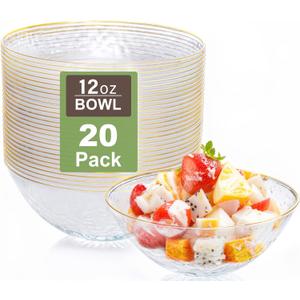I00000 20 Pack 12 Ounce Clear Plastic Bowls Hammered Gold Rimmed, Heavy Duty Disposable Bowl Set,Elegant Ice Cream Bowls For Birthday, Wedding & Party