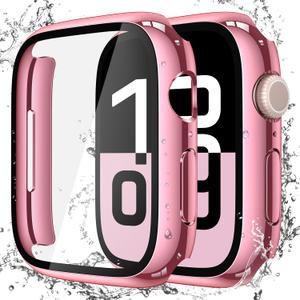 Misxi [2 Pack] Waterproof Hard Case with Tempered Glass Compatible with Apple Watch Series 11 (2025) Series 10 42mm, Overall Protective Cover for iWatch Screen Protector, 1 Rose Pink + 1 Transparent