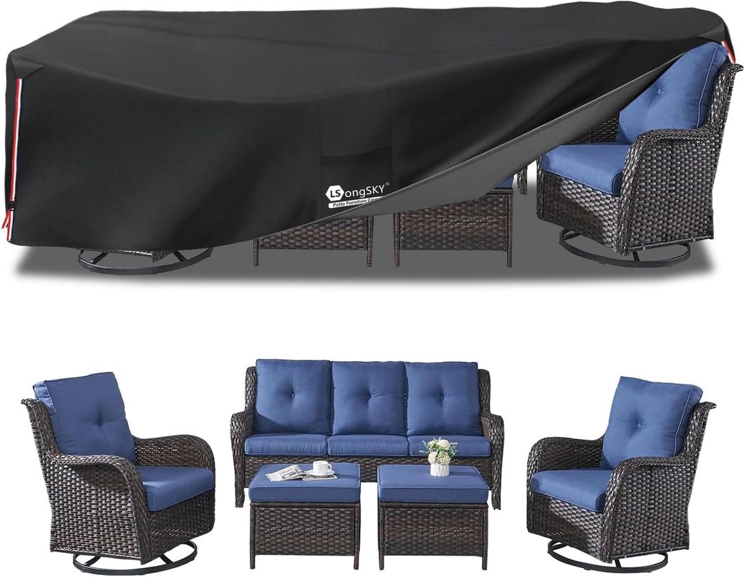 Outdoor Furniture Covers Waterproof,600D Heavy Duty Patio Furniture Covers for 6/7/8 PCS Sets Sectional Sofa Couch Rocking Swivel Chairs Ottomans Coffee Table,111L x 74W x 28H inch Black