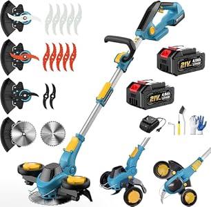 Weed Wacker Cordless - Brushless Electric Weed Cordless Eater Battery Powered with 2 X 4.0Ah Batteries, Cordless Brush Cutter, 3 in 1 Edger/ Mower/ Grass Trimmer, 4 Types Blades
