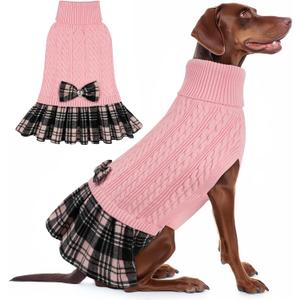 KYEESE Dog Sweater Soft Turtleneck Pet Sweater Dress Stretchy Dogs Clothes Warm Pullover Dog Sweaters for Medium Dogs Girl Comfy Pet Coats with Bowtie, Pink, XX-Large