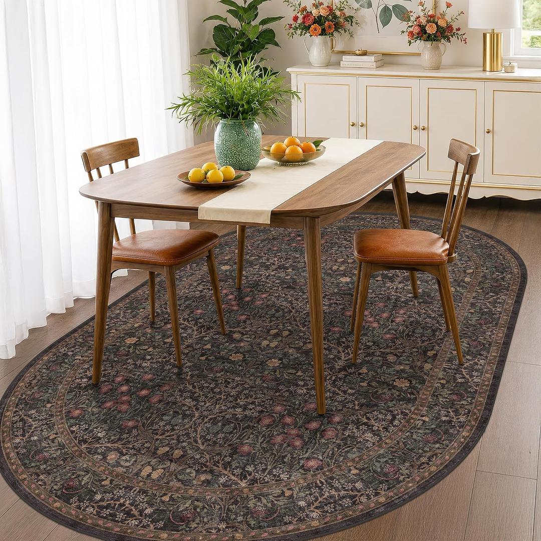 Dark Brown Vintage Oval 5x8 Area Rug, Washable Boho Floral Carpet for Dining Room Under Kitchen Table, Bedroom Beside Bed, Office - Oriental Low Pile Non Slip & Stain Resistant