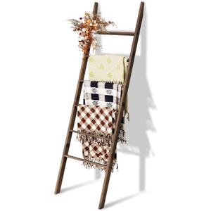 Acacia Wood 6-Tier Blanket Ladder, 5.7FT(66.5'') Blanket Quilt Towel Holder Rack Decorative Ladder Wooden, Easy Assembly, Rustic Farmhouse Ladder Shelf for the Living Room Bedroom Bathroom Home Decor