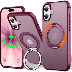 UMIONE 360 Rotatable Magnetic Ring Design for iPhone 17, Built-in Invisible Loop Stand, Compatible with Magsafe, Translucent Ultra Slim Military Grade Shockproof Case - WineRed