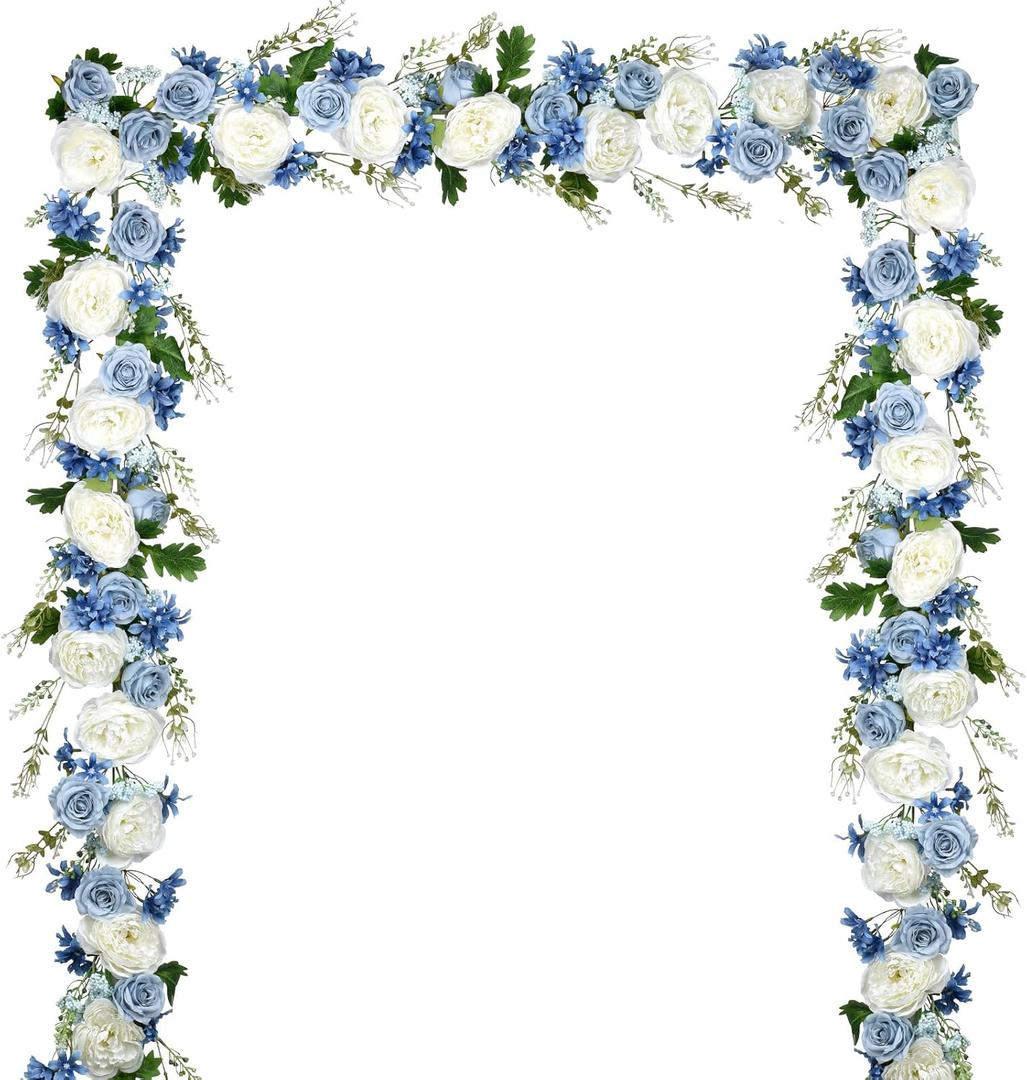 2 Pack Artificial Peony Garland, Total 12ft Floral Greenery Garland with Rose Flower Vine, Peony Flowers and Green Leaves for Wedding, Dining Table, Home Party Decor (White&blue&dark Blue)