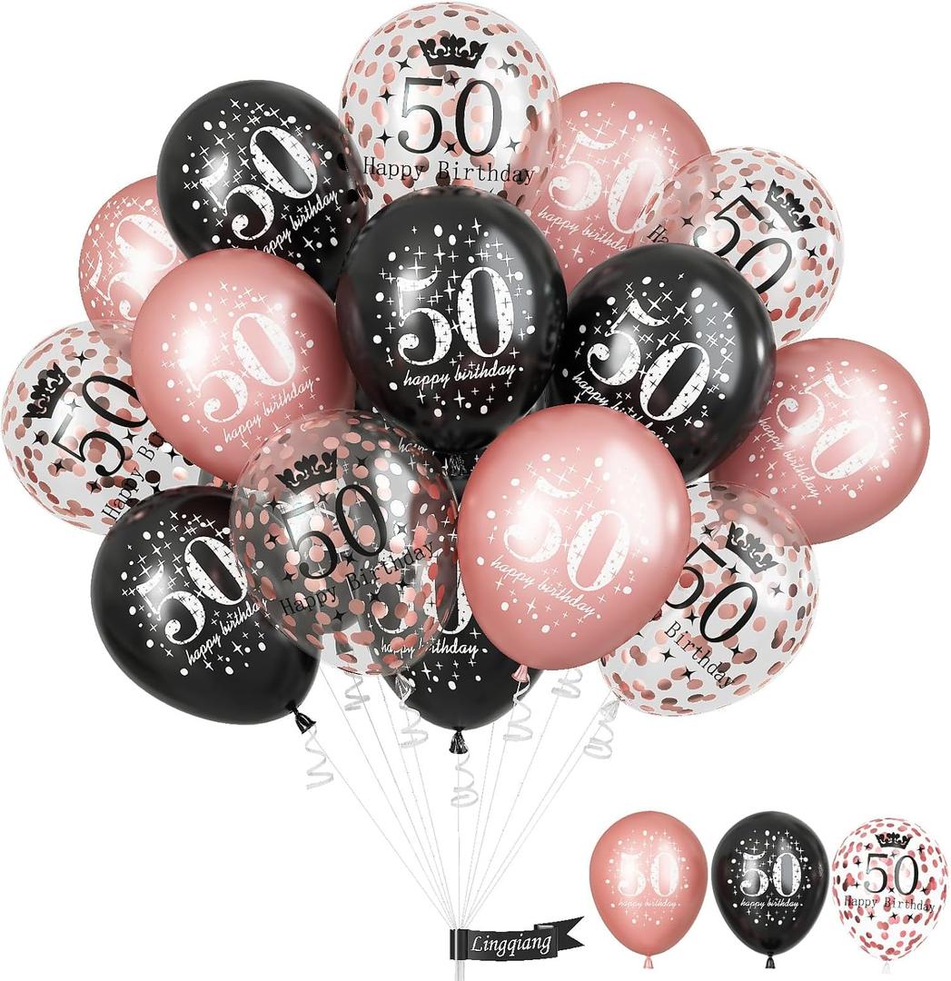 50th Birthday Decorations for Women, Pack of 15 Happy 50th Birthday Balloons Black Rose Gold Confetti Latex Helium Balloons for Her Age 50 Years Old 50th Birthday Party Decor Celebration Supplies