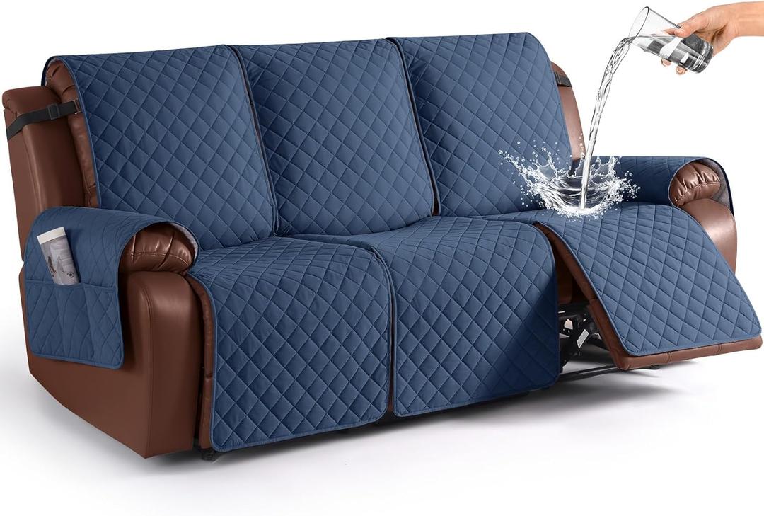 KinCam Waterproof Recliner Sofa Cover, Non-Slip Reclining Couch Covers for 3 Seat, Recliner Couch Cover Furniture Protector with Elastic Straps for Pets, Kids, Blue