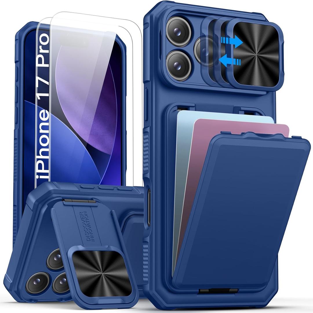 SSLOTSCASE for iPhone 17 Pro Case with 2X Screen Protector, Kickstand & Credit Card Holder & Sliding Lens Cover & Camera Stand & Wallet, Heavy Duty Sturdy Protective Case Cover for iPhone 17 Pro, Blue