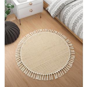 Lahome Belle Boho Round Rug 3ft, Small Circle Rugs for Entryway Kitchen Cotton Washable Indoor Door Bath Mat with Tassels, Farmhouse Round Area Rug Non Shedding Circle Carpet for Bedroom Entry, Khaki