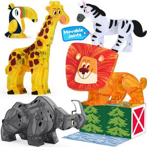 Oriate Magnet Safari Animals for Magnetic Tiles, 5pcs Zoo Animal Toys for Magnetic Blocks, Movable Joint Magnet Safari Animals Figures Compatible with Magnetic Building Tiles for Kids Magnetic Tiles