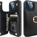 ONETOP for iPhone 13 Pro Max Wallet Case with Card Holder, 360 Rotation Ring Kickstand RFID Blocking PU Leather Double Magnetic Clasp Shockproof Cover for Women and Girls 6.7 Inch (Black)