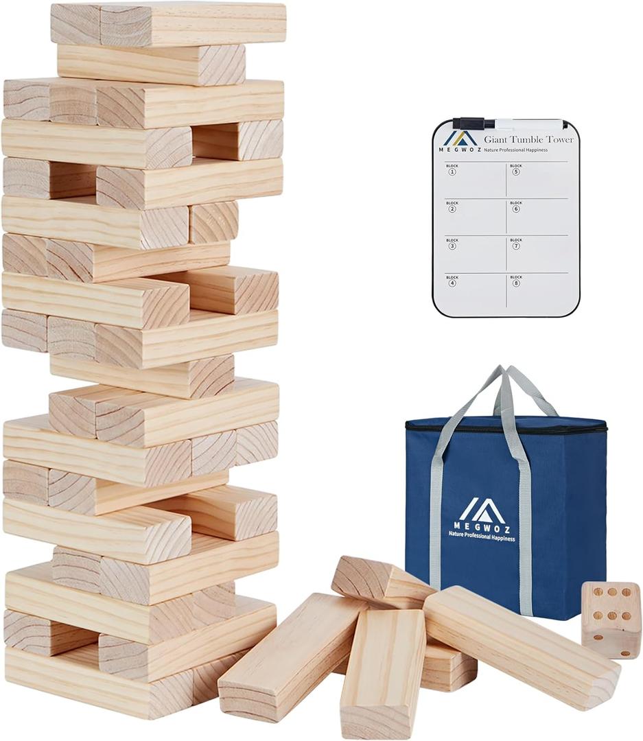 Giant Tumble Tower Game - 60 Blocks New Zealand Pine Wooden Stacking Blocks for Kids & Adults, Over 5FT Tall Indoor/Outdoor Family Games, Birthday Party Games Unique Gifts for for All Ages