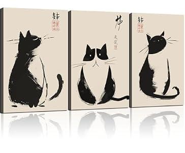 3Pcs Framed Black Cat Japanese Zen Ink Style Cute Funny Animal Wall Art Decor Canvas Print Picture Poster Gallery Bathroom Bedroom Living Room Office 12x16 Inch Ready to Hang