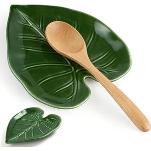 Cute Leaf Ceramic Spoon Rest, Keeps Counters Clean, for Stove Top and Kitchen Counter, Decorative Green Spoon Holder, Kitchen Decor Gift