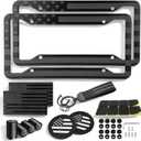 American Flag License Plate Frames Holder - 2 Pack Stainless Steel Rustproof USA Patriotic Car Tag Cover Holder with Free Screws Accessories + Metal Stickers & Keychain & Cup Holder Mats, Black Gray