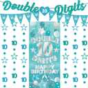 10th Birthday Decorations Garland Girls - 10 Pcs Pre-Strung Teal Blue Glitter Double 10 Digits Banners Circle Dot Star Hanging Garland Backdrop for Girl 10 Year Old Birthday Party Supplies