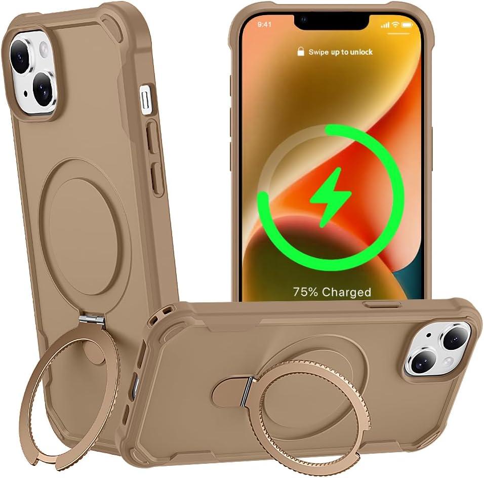 Designed for iPhone 14 Case with Magnetic Stand [Military Drop Protection][Compatible with Magnet] Shockproof 14 Phone Case with Ring Holder, Khaki