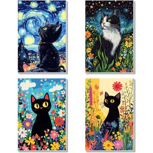 4 Pack Framed Paint by Numbers Kit for Adults Beginner Canvas Painting by Numbers for Adults Black Cat Easy Adult Paint by Number Kits with Frame Starry Night Watercolor Painting by Number 8x12 Inch