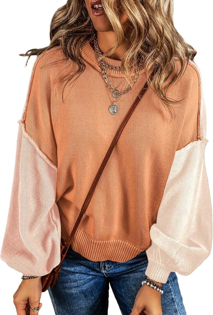 Dokotoo Women's Sweaters Colorblock Crewneck Cotton Long Sleeve Fall Winter Knit Pullover Jumper Tops (Large, Grapefruit Orange)