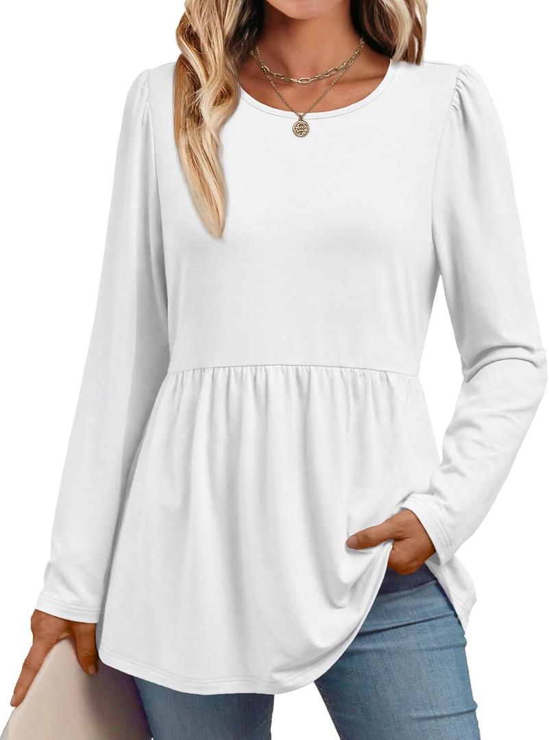 AUTOMET Womens Long Sleeve Babydoll Tops Tunic Shirts Business Dressy Casual Plus Size Blouse Fall Trendy Fashion 2025 (White, XL)