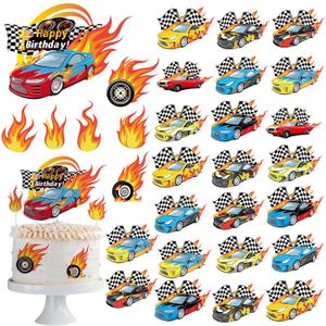 55 Pcs Race Car Cupcake Toppers Hot Happy Birthday Cake Wheels Toppers Checkered Flag Fire Car Theme Party Decoration for Boy Girl DIY Decorations