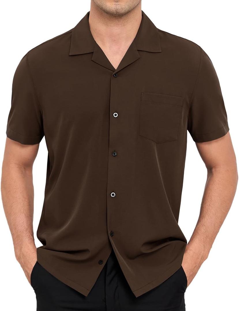 Men's Short Sleeve Button Down Shirt Cuban Collar Anti-Wrinkle Shirt Casual Summer Beach Shirt (Medium, Brown)