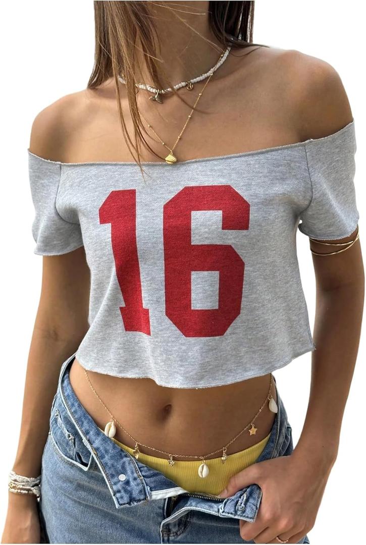 SOLY HUX Women's Off The Shoulder Graphic Tees Number Print Jersey Crop Top Vacation Outfit (Green, M)