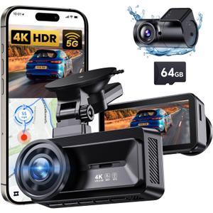 COOLCRAZY Dash Cam Front Rear: 4K+1080P Full HD Dashcam Free 64GB Card, with 5G WiFi GPS, Dual Dash Camera for Cars with 3" IPS Screen, Night Vision, HDR, App Control, 24H Parking Mode, Loop Record