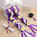 Plumeria Graduation Lei 2026 Purple White Hawaiian Ribbon Graduation Braided Lei with Flowers for Adults Class of 2026 School College Student Congrats Grad Gifts Party Accessories