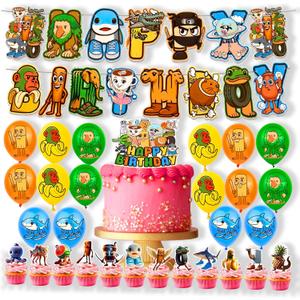 44Pcs Colorful Cartoon Funny Party Decorations Set  Happy Birthday Banner (15 Pcs), Balloons (16 Pcs), Cake Topper & 12 Cupcake Toppers  Ten Birthday Party Supplies