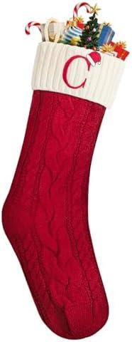 Christmas Stockings with Initials, 18", Letter C, Red and Cream, Cable Knit Stockings for Christmas, Cable Knit Christmas Stocking for Christmas, Large Knit Stockings Christmas