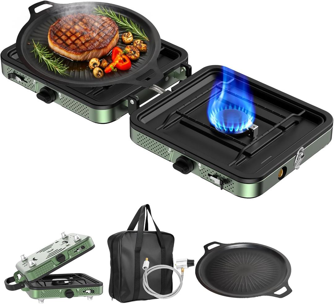 Portable Camping stove, 2 Burner Foldable Camping Stove with Griddle and Carrying Bag & Hose, 8600BTU Portable Propane Camp Stove with Ignition & 2 Adjustable Burners,for Camping Tailgating BBQ Grill