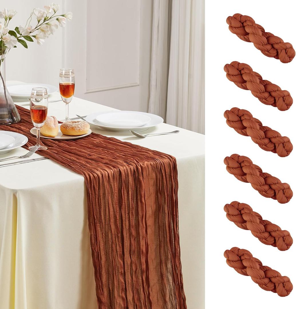 Terracotta Christmas Cheesecloth Table Runner 10FT Long Boho Gauze Table Runner Rustic Sheer Runner for Wedding Bridal Baby Shower Birthday Party Table Decor Home Thanksgiving Christmas Decor6 Pack