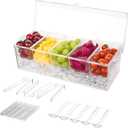 Ice Chilled Condiment Tray with 5 Containers, Large Condiment Caddy Server with Lid and Removable Compartments, Clear Serving Tray Holder on Ice for Taco Salad Mimosa Bar Party Garnish