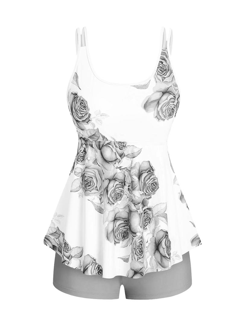 Rosegal Women Plus Size Modest Tankini Swimsuit Rose Print Boyleg Tankini Swimwear Padded Boyshorts Bathing Suits(Gray_1/4X) (XXXL)