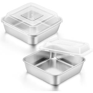 E-far 6 x 6-Inch Square Baking Pan with Lid, Small Stainless Steel Cake Brownie Pans Trays Dishes for Toaster Oven Air Fryer, Healthy & Dishwasher Safe - Set of 2(2 Pans + 2 Lids)