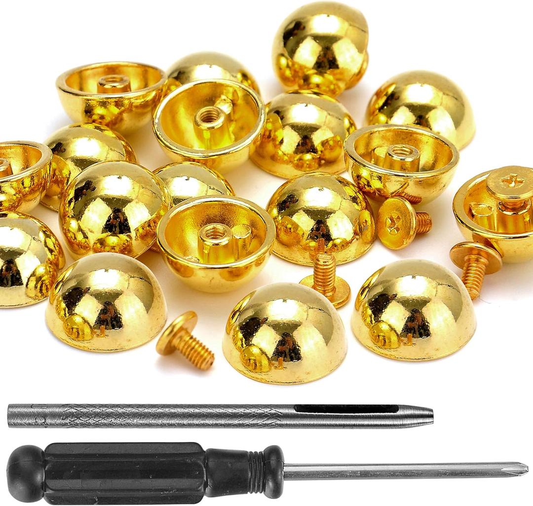 YORANYO 20 Sets 15X8MM Dome Spikes and Studs 19/32" Handbag Feet Gold Color Round Spikes Screw Back Studs and Spikes for Clothing Shoes Leather Craft Belts Bags Accessories with Installation Tool
