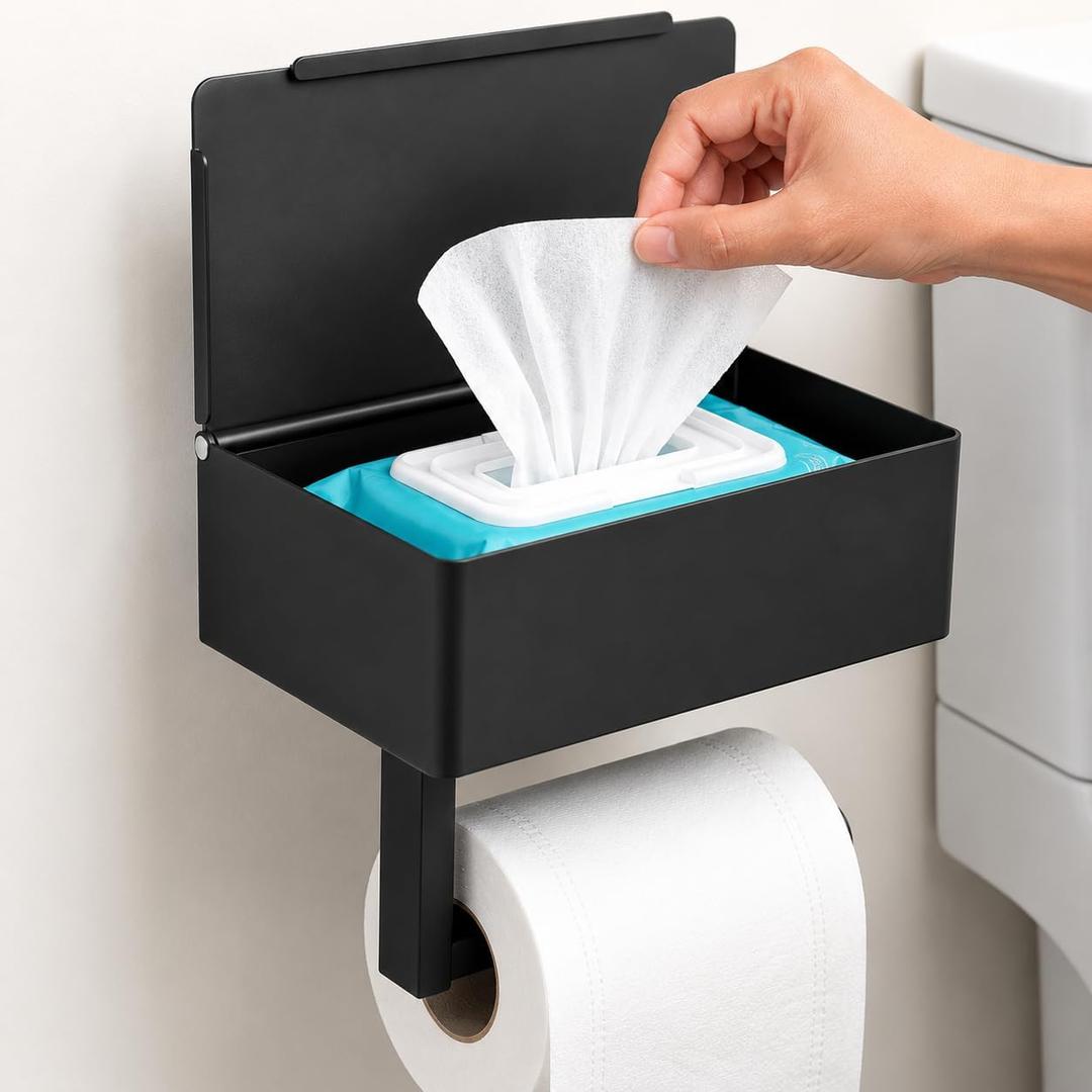 Toilet Paper Holder with Storage, Wall Mount Toilet Paper Holder with Shelf, Flushable Wipes Dispenser, Sanitary Napkin Receptacle, Matte Black Stainless Steel for Bathroom Commercial