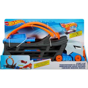 Hot Wheels Transporter Truck Mobile Playset Large Loop Collapsible Launcher Room for 18 Die-Cast 1:16 Vehicles Ages 3 and Up (Multicolor)
