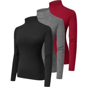 HOPLYNN 3 Pack Turtlenecks Women Long Sleeve Pullover Baselayer Undershirts Tops Turtle Neck Mock Shirts (XX-Large, Black Wine Grey)