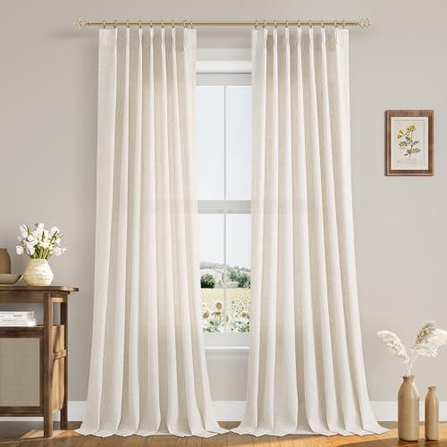 102 Inch Long Curtains Pinch Pleat Linen Curtains for Living Room 2 Panels Set Natural Cream Semi Sheer Light Filtering Boho Neutral 102 Inch Pleated Curtain with Hooks Floor Ceiling Bedroom Window