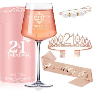 21st Birthday Gifts,Unique Engraved 21st Wine Glass,21 Year Old Birthday Decorations For Her,21&Fabulous Sash and Tiara For Women,Friends,Sister-Turning 21th Party Favor Supplies