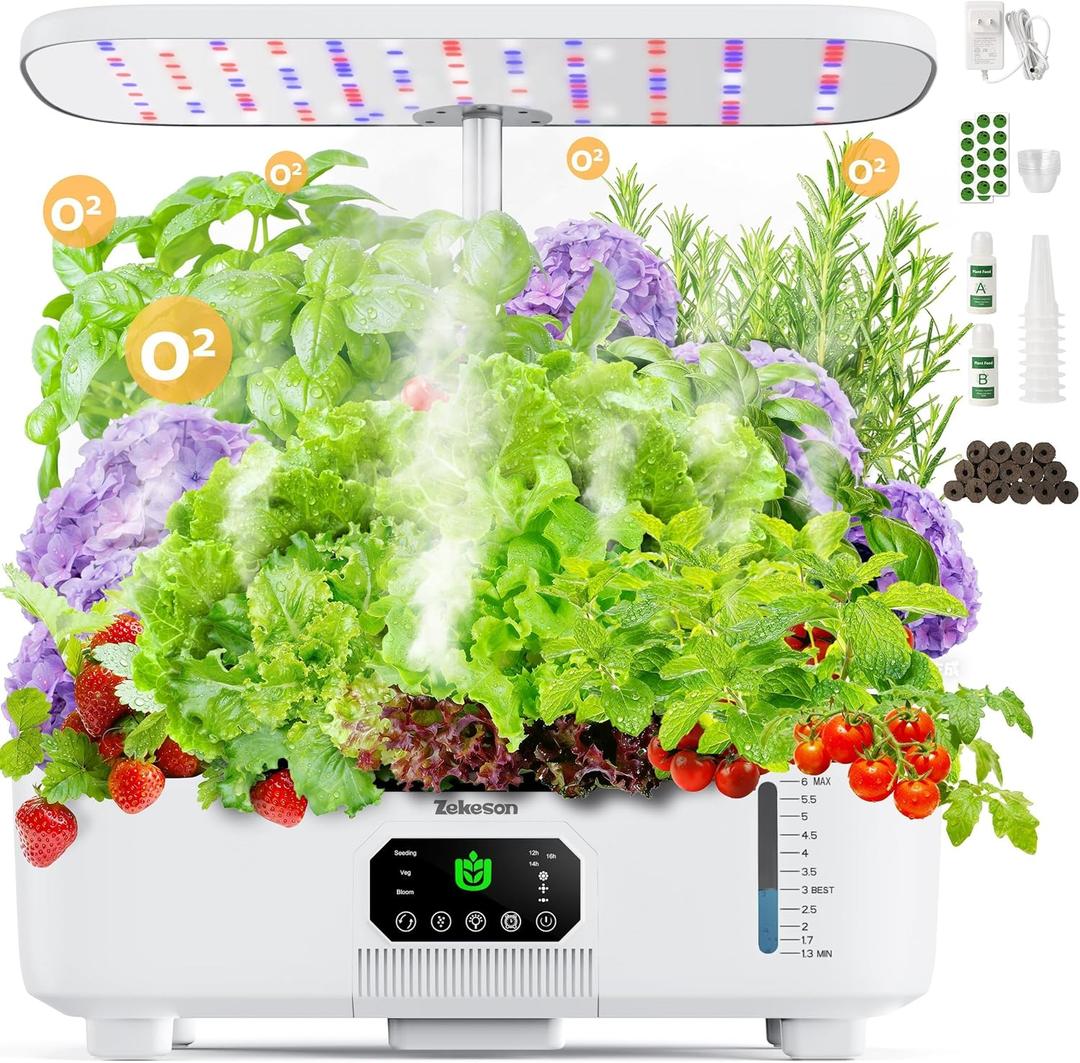 Misting Hydroponic Growing System Kit 15-Pods Indoor Smart Herb Garden Planter with LCD Touch Panel 6L Large Tank for Herb/Vegetables/Flowers/Fruits, Gardening Gifts for Women Men Beginners-White