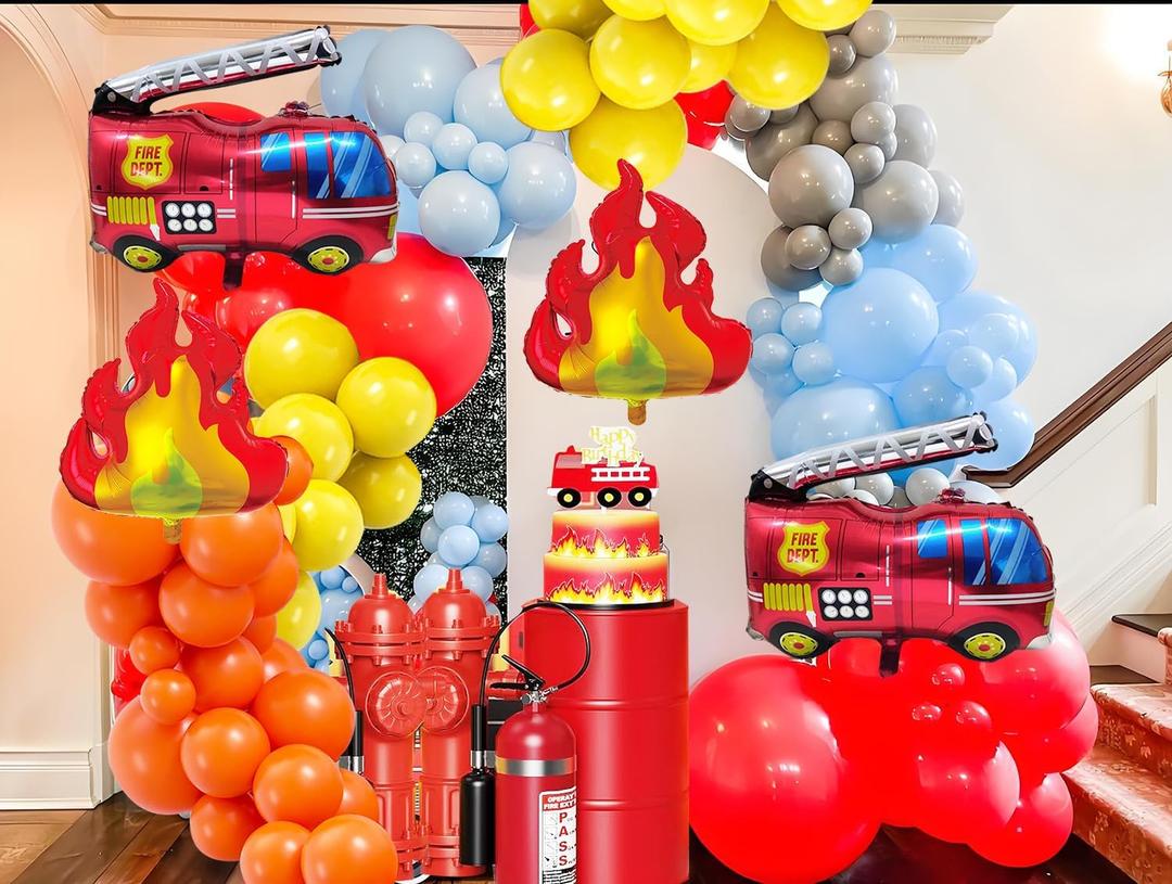Fire Balloon Garland Arch Kit, Fire Truck Birthday Decorations,Firefighter birthday party decorations,Fireman Party Supplies,Birthday Firefighter Rescue Themed Party Decoration