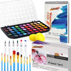 Watercolor Paint Set, 48 Color Watercolor with 10 PCS Nylon Brushes,6 PCS Refillable Water Brush Pen, 10 Page Pad(A4) and 2 PCS Art Sponges. Watercolor Paint set for Adults,Children and Beginners.